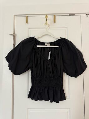 LOFT Black Puff-Sleeve Smocked Waist Top